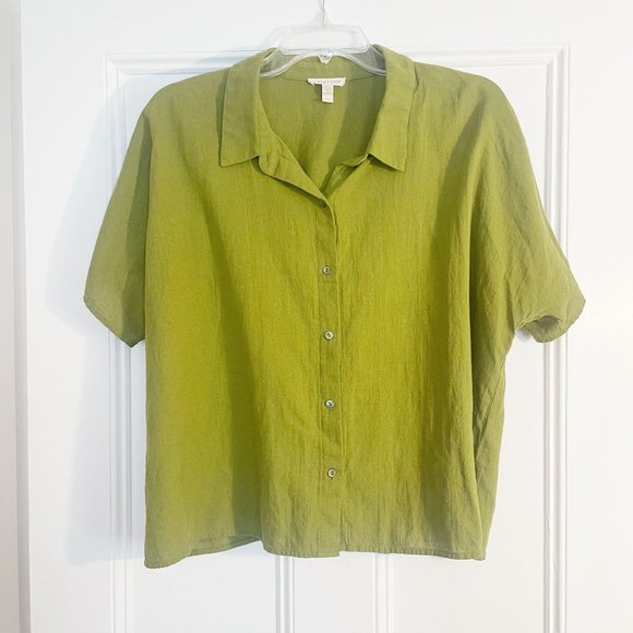 Eileen Fisher Women's L Green Cotton Linen Shirt SS Button Down Crop Length - Picture 2 of 5